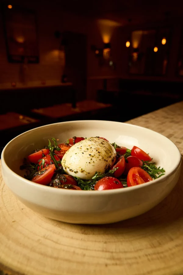 Burrata Pomodoro – Restaurant In Casa Levallois Burrata pomodoro avec tomates fraîches servie au restaurant italien In Casa à Levallois-Perret